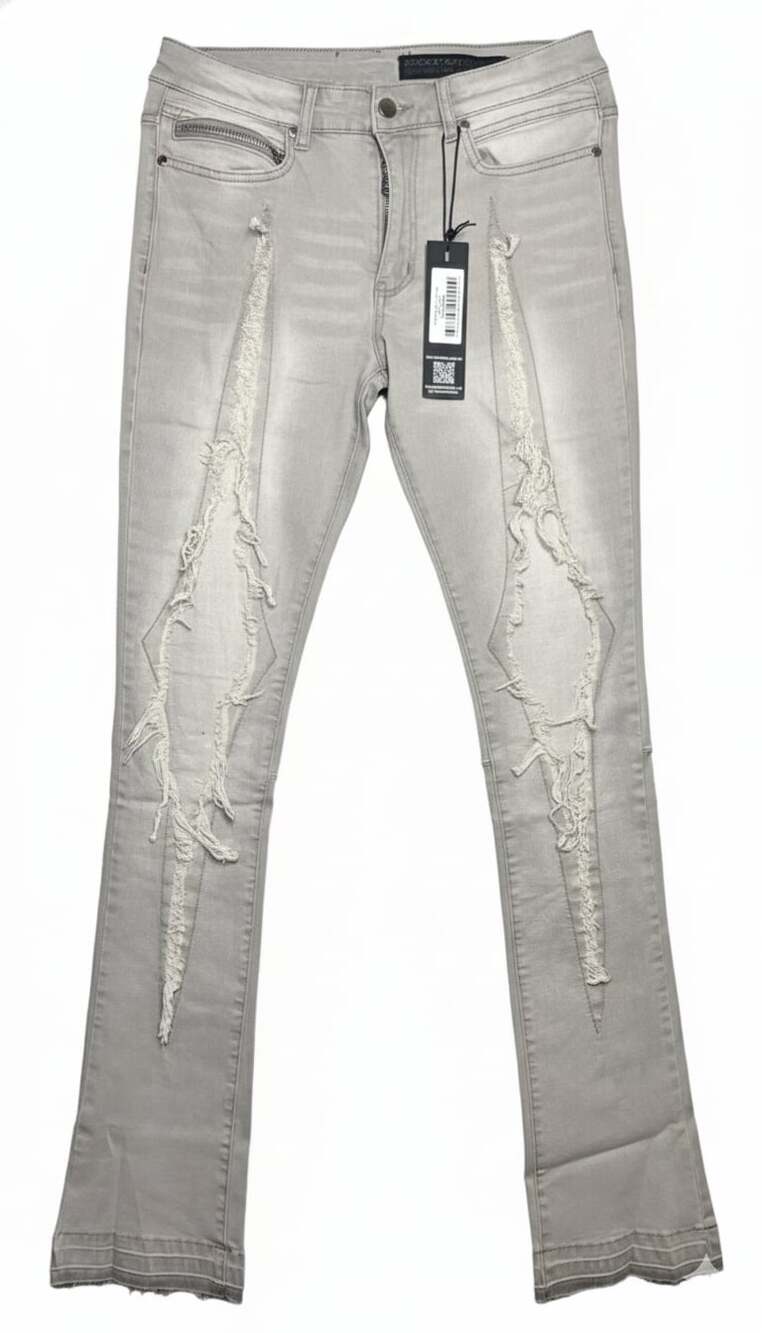 Size 32 Rockstar Original Men's Grey Distressed Star Patch Flare Stacked Jeans